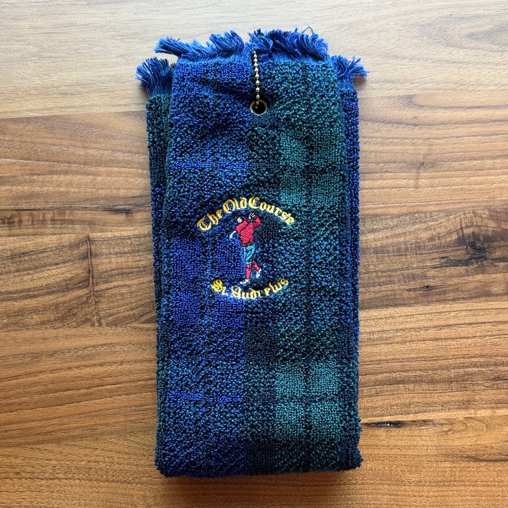 The Old Course at St Andrew in Scotland. Plaid Golf Towel with Embroidered Logo